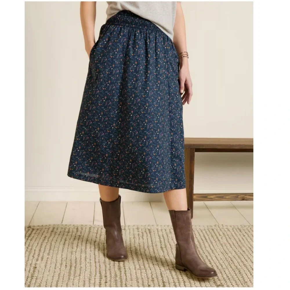 Garnet Hill Edith Organic-Cotton Skirt Womens XS Navy Floral Liberty Cottagecore